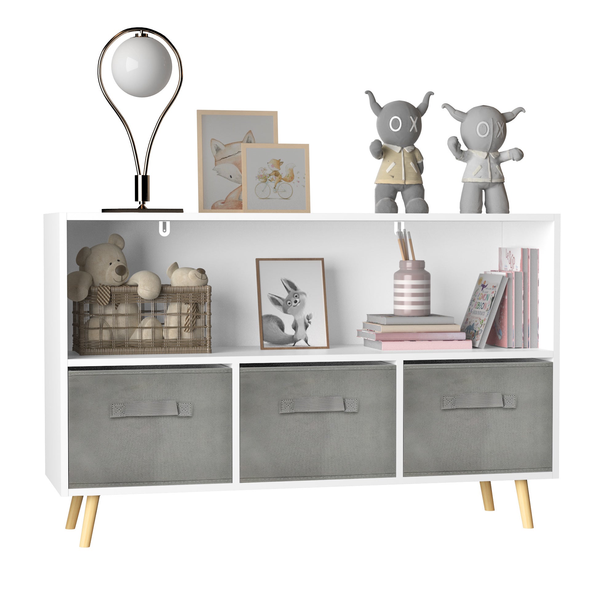 Bookcase with Gray Collapsible Fabric Drawers - first step nursery