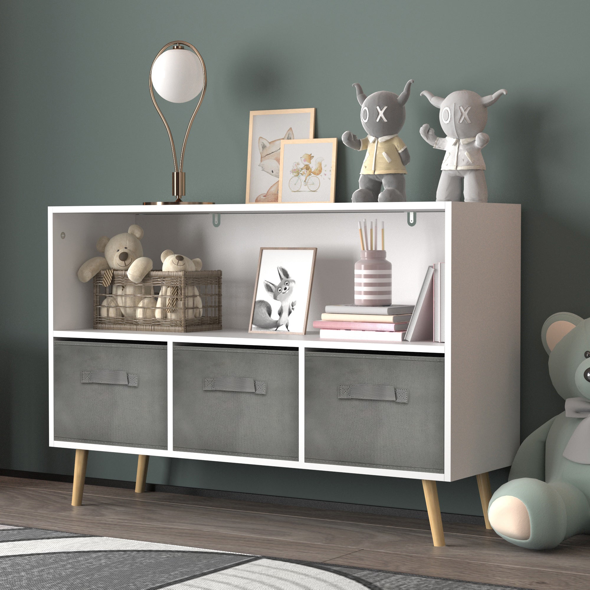 Bookcase with Gray Collapsible Fabric Drawers - first step nursery