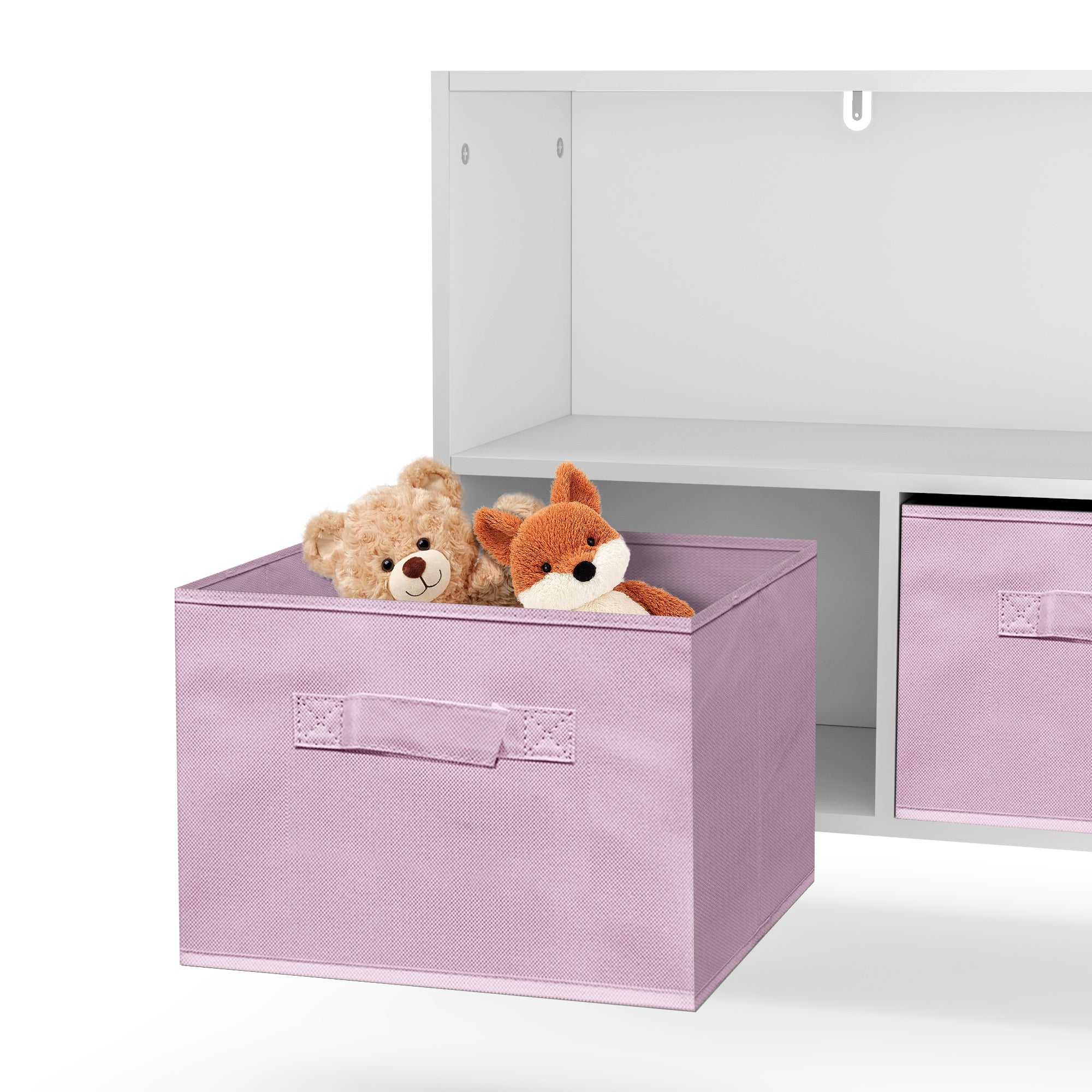 Bookcase with Pink Collapsible Fabric Drawers - first step nursery