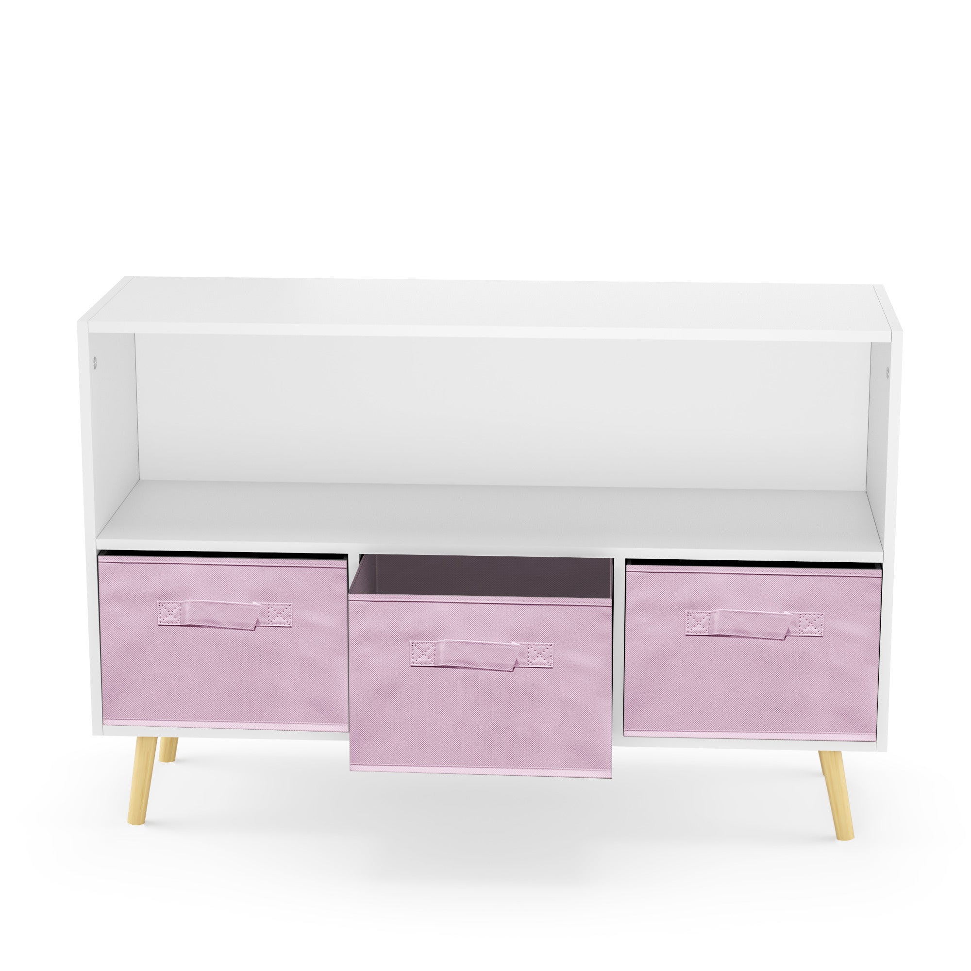 Bookcase with Pink Collapsible Fabric Drawers - first step nursery